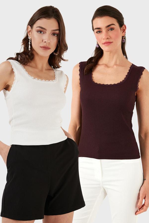 Lela Slim Fit Kalın Dantelli Kare Yaka Bürümcük 2'li Paket Bayan Atlet 5864979S2 EKRU-VİŞNE - Image 1