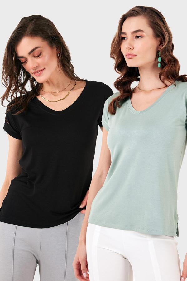 Lela V Yaka Relaxed Fit Yırtmaç Detaylı 2'li Paket Bayan Bluz 5862000S2 SİYAH-ÇAĞLA - Image 1