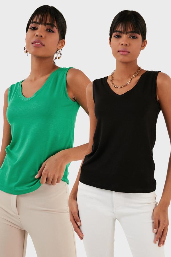 Lela Slim Fit V Yaka Kalın Askılı 2' li Paket Bayan Bluz 5864384S2 SİYAH-BENETTON - Image 1