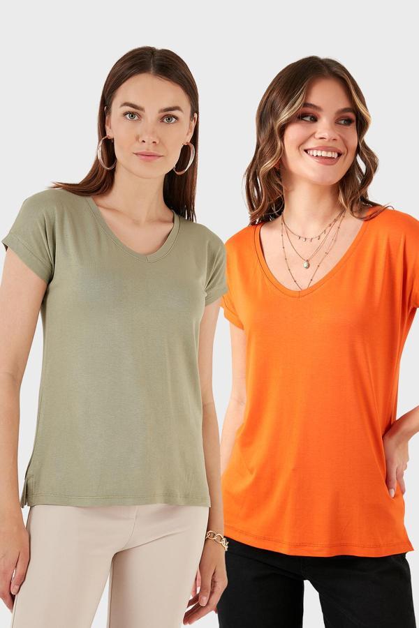 Lela V Yaka Relaxed Fit Yırtmaç Detaylı 2'li Paket Bayan Bluz 5862000S2 ORANJ-Olive - Image 1