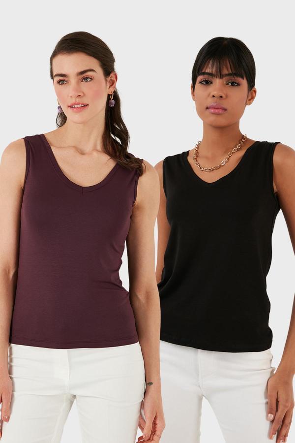 Lela Slim Fit V Yaka Kalın Askılı 2' li Paket Bayan Bluz 5864384S2 SİYAH-VİŞNE - Image 1