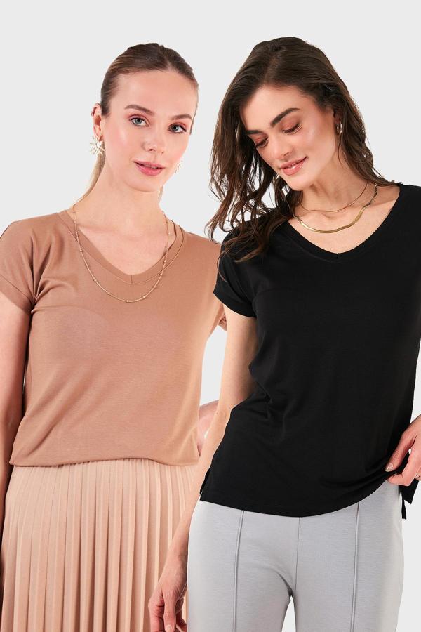 Lela V Yaka Relaxed Fit Yırtmaç Detaylı 2'li Paket Bayan Bluz 5862000S2 SİYAH-BİSKÜVİ - Image 1