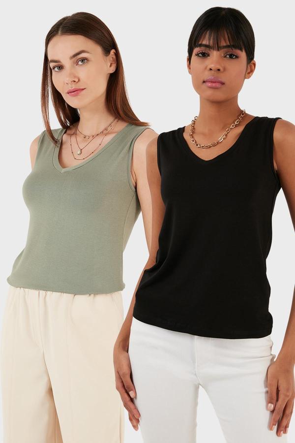 Lela Slim Fit V Yaka Kalın Askılı 2' li Paket Bayan Bluz 5864384S2 Siyah-Olive - Image 1
