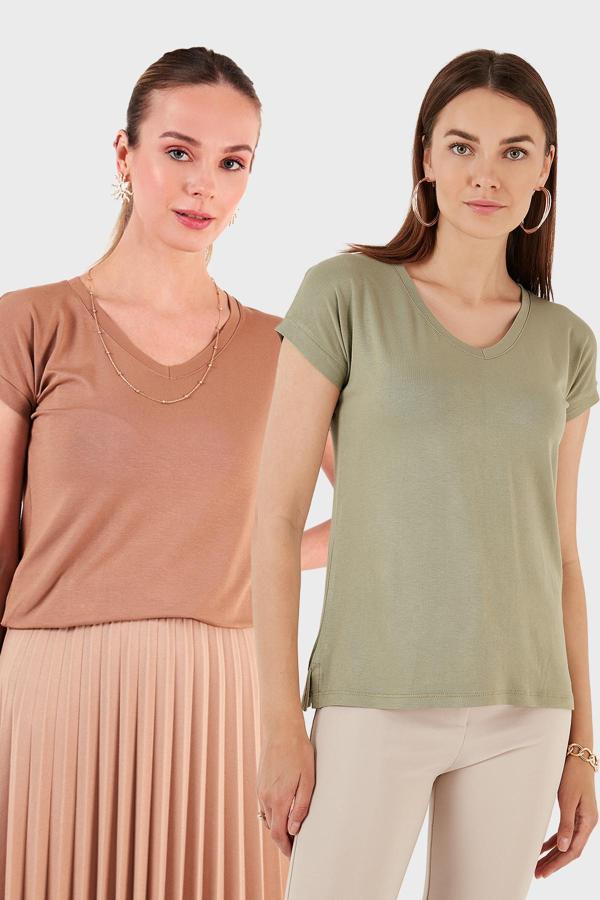 Lela V Yaka Relaxed Fit Yırtmaç Detaylı 2'li Paket Bayan Bluz 5862000S2 Olive-BİSKÜVİ - Image 1