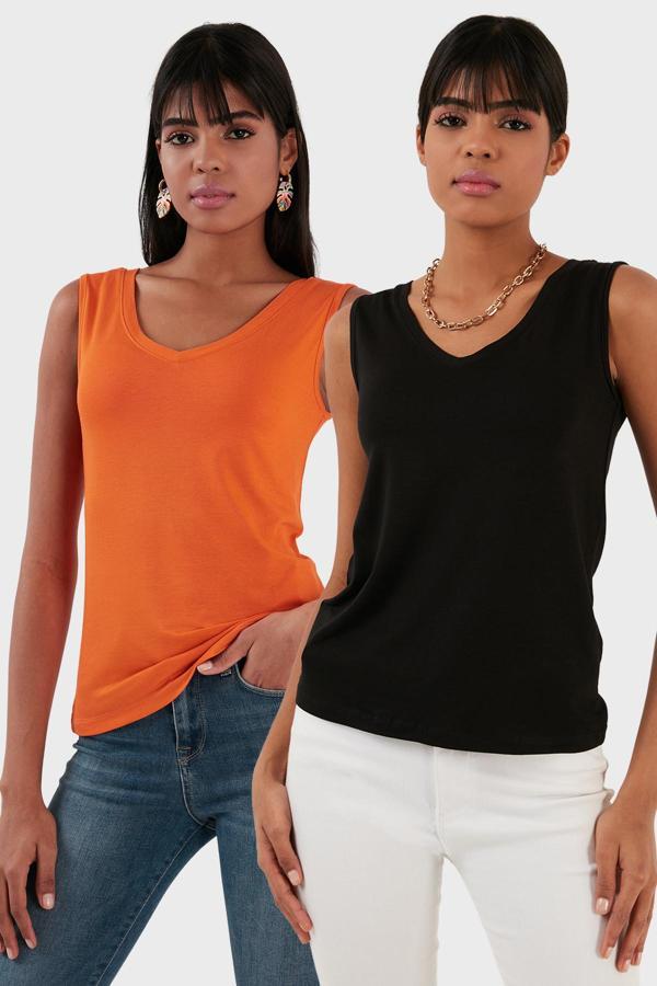 Lela Slim Fit V Yaka Kalın Askılı 2' li Paket Bayan Bluz 5864384S2 SİYAH-ORANJ - Image 1