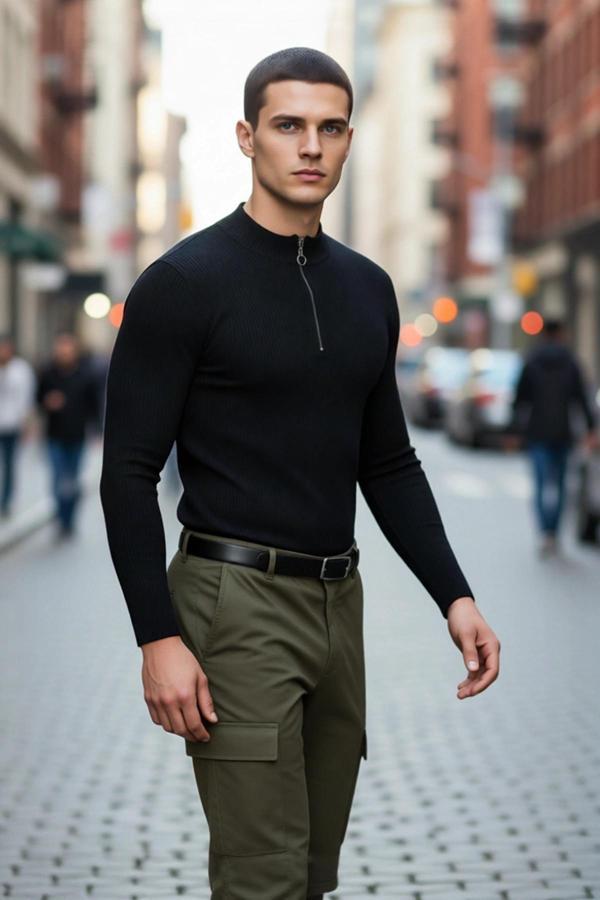 Erkek Fitted Dik Yaka Fermuarlı Fitilli Triko Kazak Kış Sezonu İçin Şık Ve Rahat Pamuk Polyester - Image 1