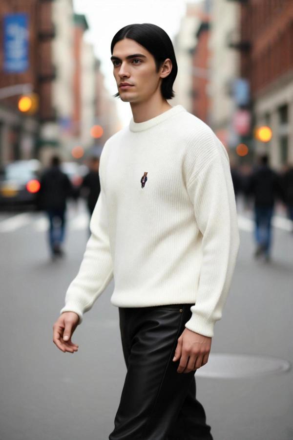 Erkek Oversize Bisiklet Yaka Ayı Nakışlı Selanik Dokuma Uzun Kollu Kışlık Triko Kazak Kaliteli - Image 1