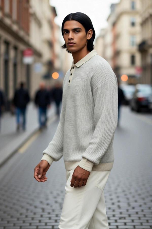 Erkek Regular Kalıp Polo Yaka Dokulu Desenli Uzun Kollu Akrilik Triko Kazak Kış Günleri İçin İdeal - Image 1