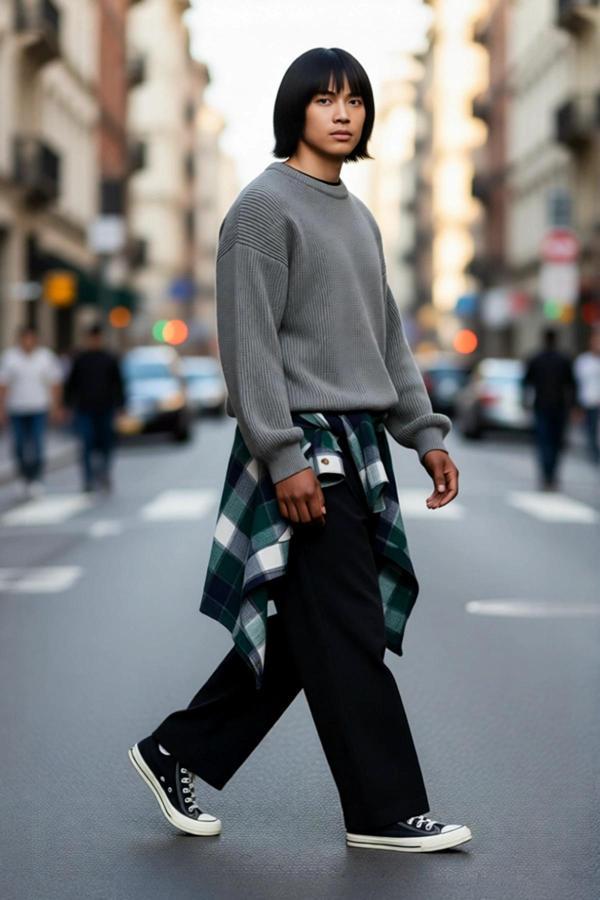 Erkek Gri Oversize Bisiklet Yaka Düz Düşük Kol Akrilik Triko Kazak Casual Tarzlara Özel Rahatlık - Image 1