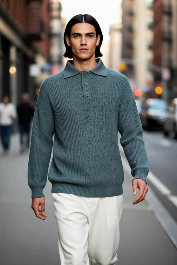 Unisex Oversize Fit Polo Yaka Basic Selanik Dokulu Triko Kazak Kışlık Kombinlerin Vazgeçilmezi - Image 1