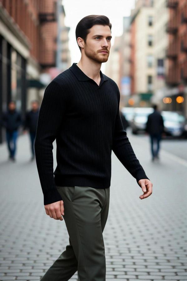 Erkek Ekru Fitted Polo Yaka Uzun Kollu İnce Triko Kazak Basic Şık Günlük Kombinler İçin İdeal - Image 1