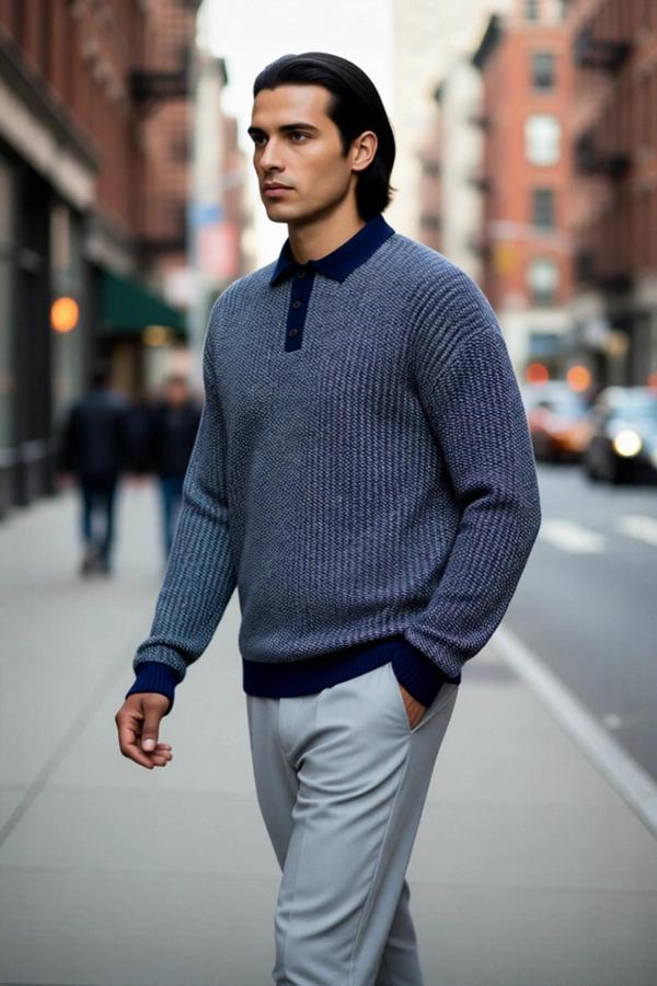 Erkek Regular Kalıp Polo Yaka Dokulu Desenli Uzun Kollu Akrilik Triko Kazak Kış Günleri İçin İdeal - Image 1