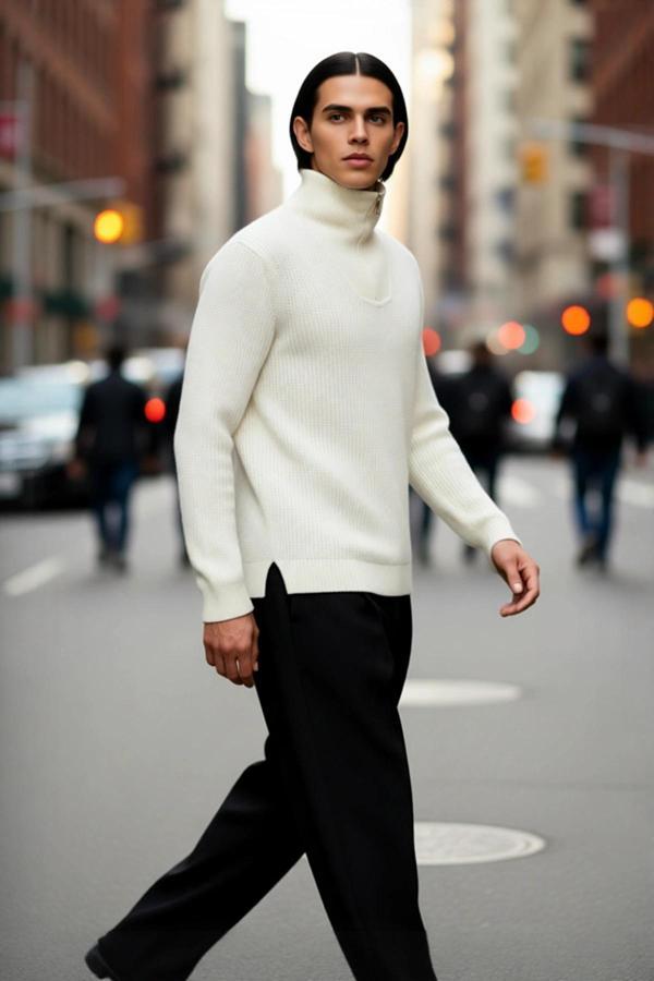 Erkek Regular Fit Fermuarlı Dik Yaka Kalın Triko Kazak Yünlü Karışım Kışlık Günlük Konfor İçin İdeal - Image 1