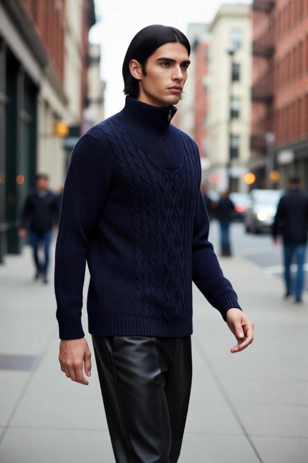 Erkek Regular Kesim Dik Yaka Uzun Kollu Fermuar Detaylı Saç Örgü Triko Kışlık Kazak Kaliteli - Image 1