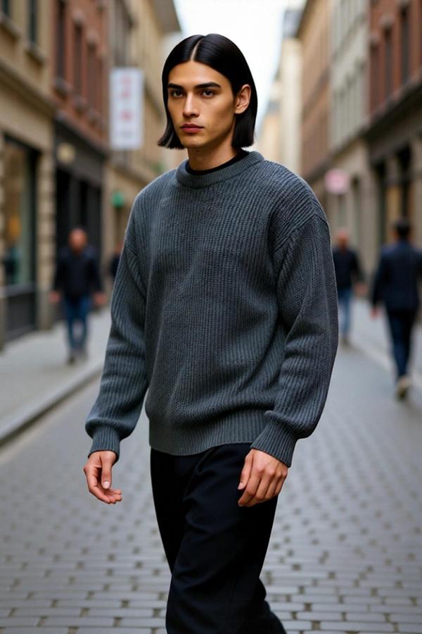 Erkek Oversize Kalıp Bisiklet Yaka Basic Selanik Dokulu Kalın Triko Kazak Kışlık Günlük Giyim İçin - Image 1