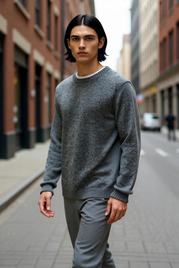 Erkek Regular Kalıp Yün Karışımlı Bisiklet Yaka Uzun Kollu Düz Triko Kazak Kış Günleri İçin İdeal - Image 1