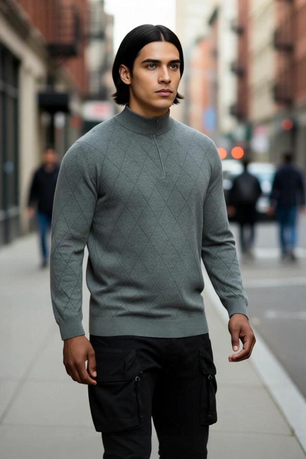 Erkek Gri Regular Kesim Yarım Fermuarlı Dik Yaka Baklava Desenli Triko Kışlık Uzun Kol Kazak - Image 1