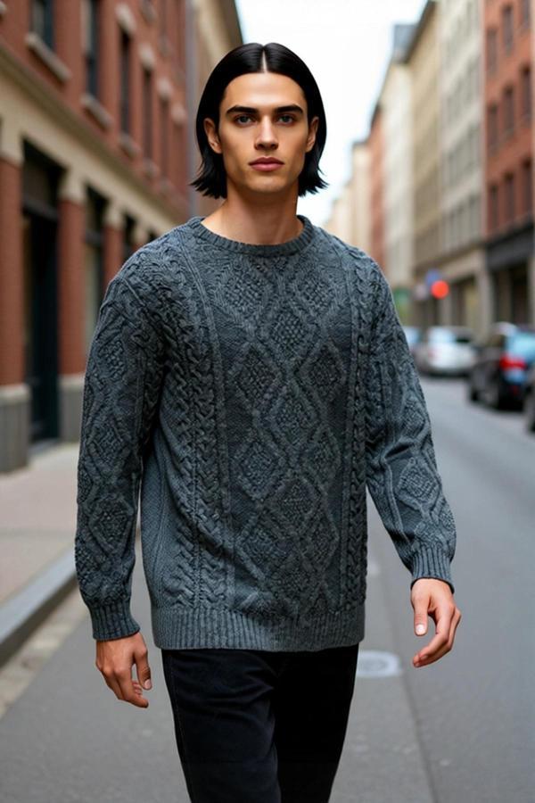 Erkek Oversize Geniş Kalıp Saç Örgülü Bisiklet Yaka Triko Kazak Kış Modası İçin İdeal Seçim - Image 1