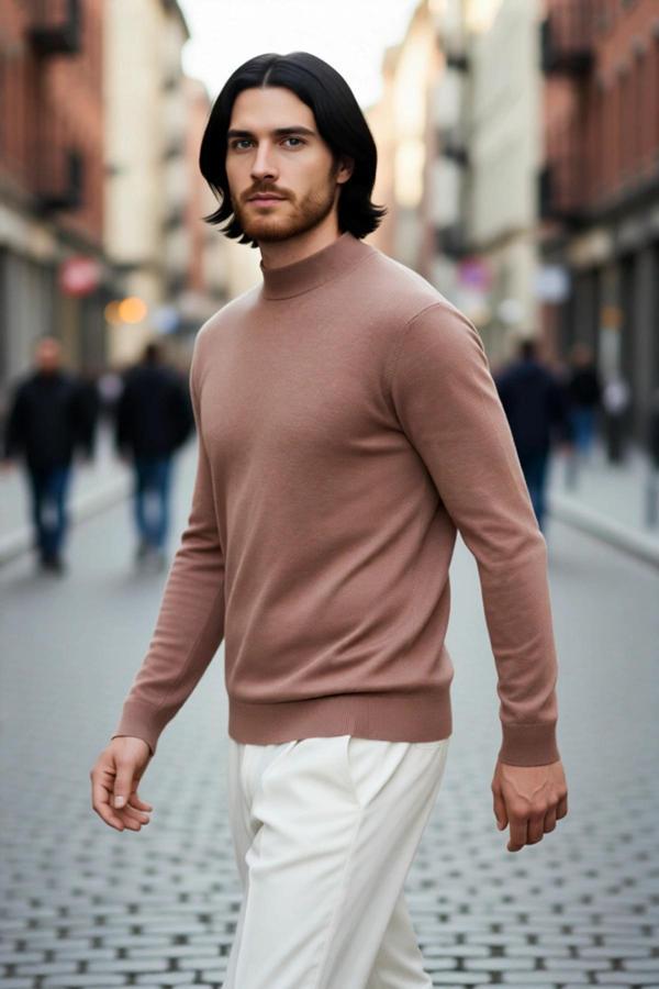 Erkek Fitted Kalıp Dik Yaka Pamuklu Akrilik Karışımı Uzun Kollu Triko Kazak Günlük Şıklık İçin İdeal - Image 1