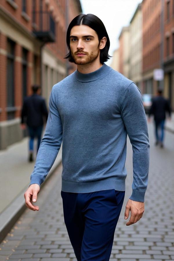 Erkek Fitted Kalıp Dik Yaka Pamuklu Akrilik Karışımı Uzun Kollu Triko Kazak Günlük Şıklık İçin İdeal - Image 1