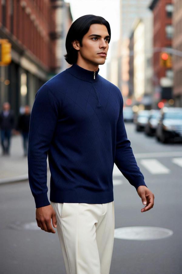 Erkek Gri Regular Kesim Yarım Fermuarlı Dik Yaka Baklava Desenli Triko Kışlık Uzun Kol Kazak - Image 1