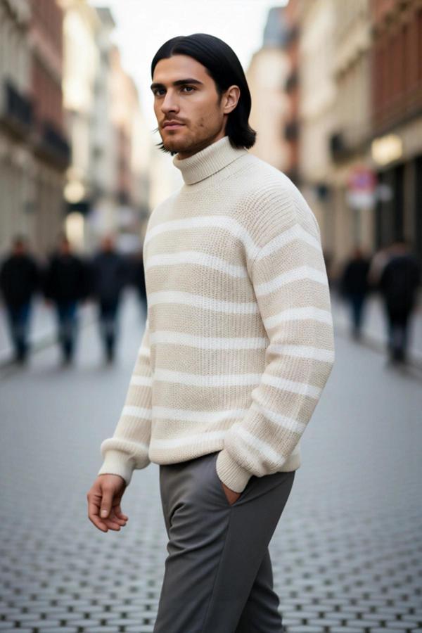 Unisex Oversize Kalın Balıkçı Yaka Çizgili Triko Kazak Kış Günleri İçin Konforlu Şıklık Sunar - Image 1