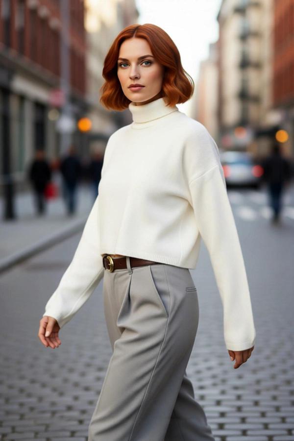 Kadın Oversize Balıkçı Yaka Düşük Kol Süper Crop Triko Kazak Kış Ve Sonbahar İçin İdeal Günlük - Image 1