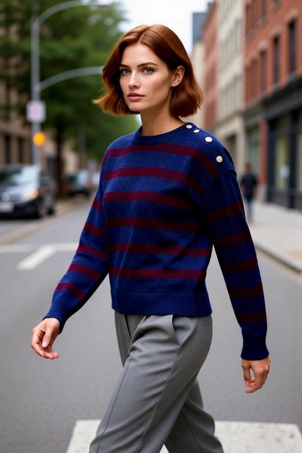 Kadın Regular Kalıp Bisiklet Yaka Düşük Kol Çizgili Omuz Düğme Detaylı Triko Kazak Kışlık Giyim - Image 1