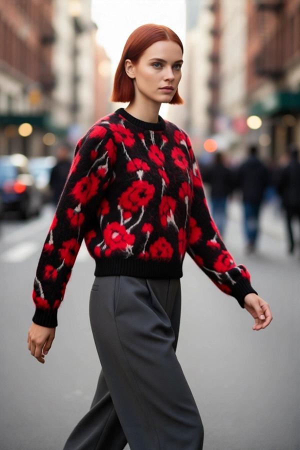 Kadınlara Özel Regular Kalıp Çiçekli Triko Kazak Bisiklet Yaka Düşük Kol Kalın ve Şık Günlük Stile - Image 1