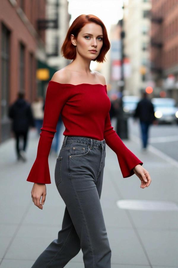 Kadın Carmen Yaka Fitted Akrilik Triko Bluz Uzun Reglan Kollu Fitilli Dokuma İlkbahar Sonbahar - Image 1