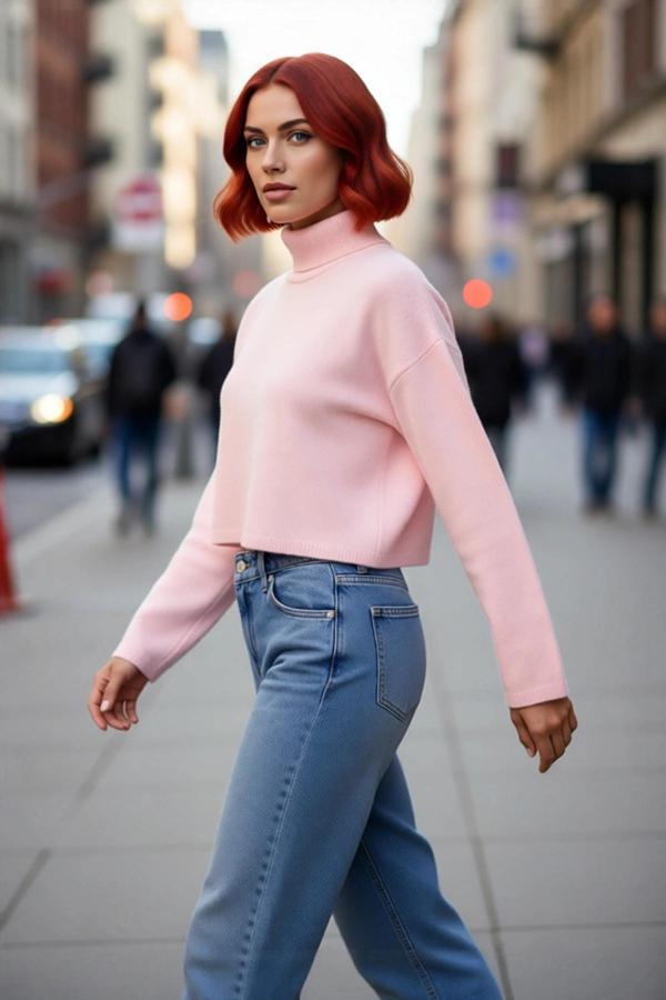 Kadın Oversize Balıkçı Yaka Düşük Kol Süper Crop Triko Kazak Kış Ve Sonbahar İçin İdeal Günlük - Image 1