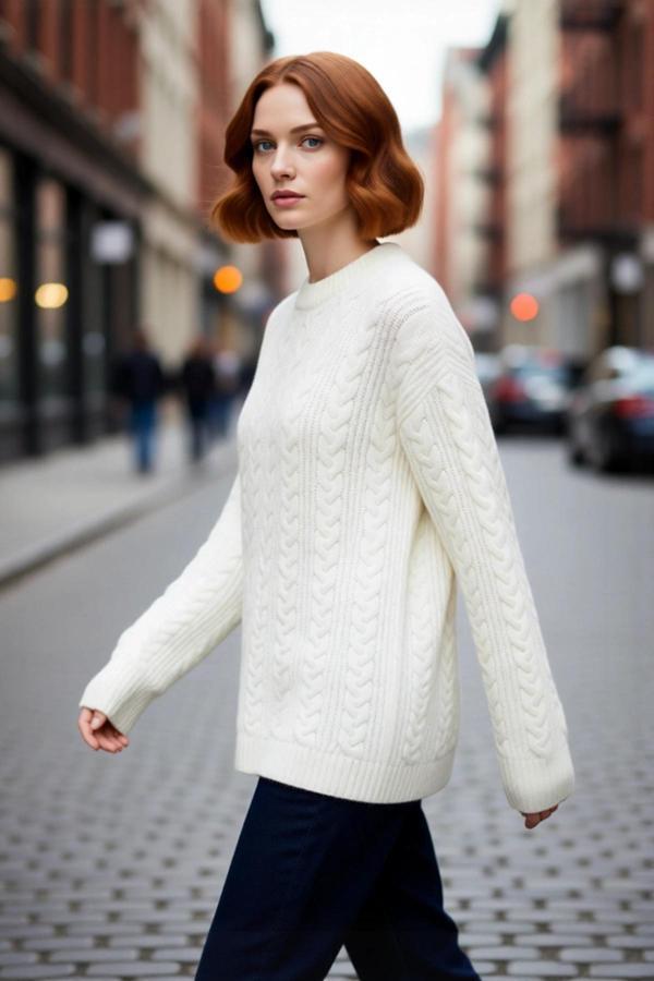 Kadın Oversize Kalın Saç Örgü Desenli Bisiklet Yaka Düşük Kol Uzun Boy Triko Kazak Kışlık Kaliteli - Image 1