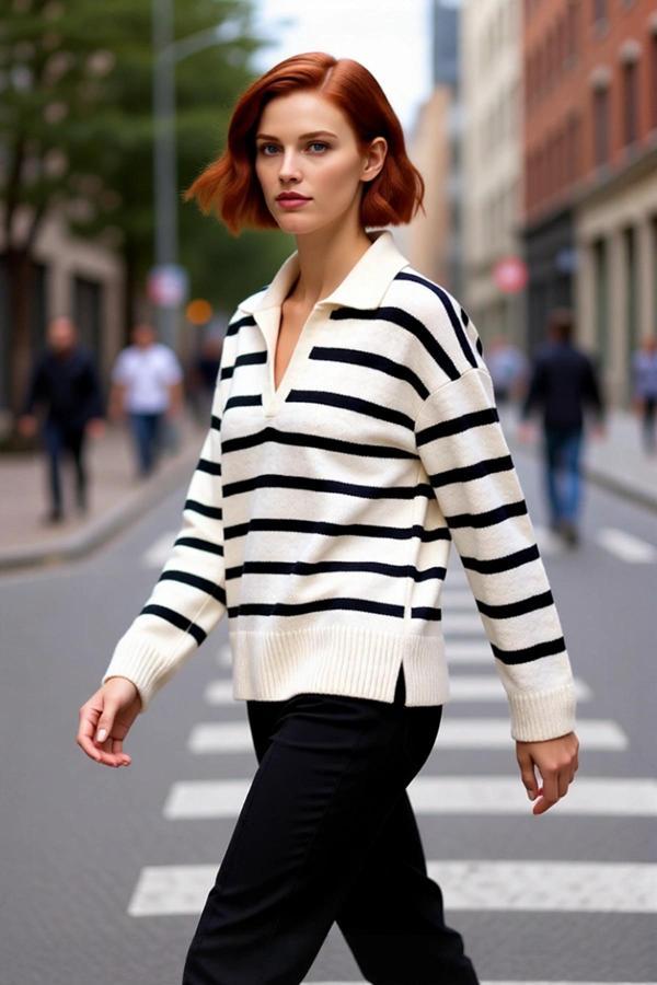 Kadın Oversize Polo Yaka Çizgili Triko Kazak Rahat Dokusuyla Kış Sonbahar Kombinlerinin Vazgeçilmezi - Image 1