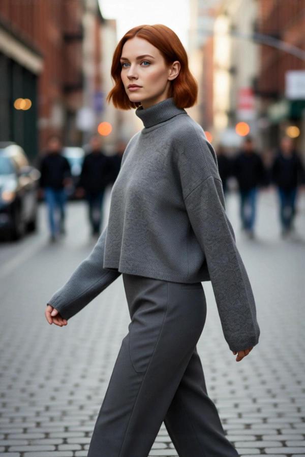 Kadın Oversize Balıkçı Yaka Düşük Kol Süper Crop Triko Kazak Kış Ve Sonbahar İçin İdeal Günlük - Image 1