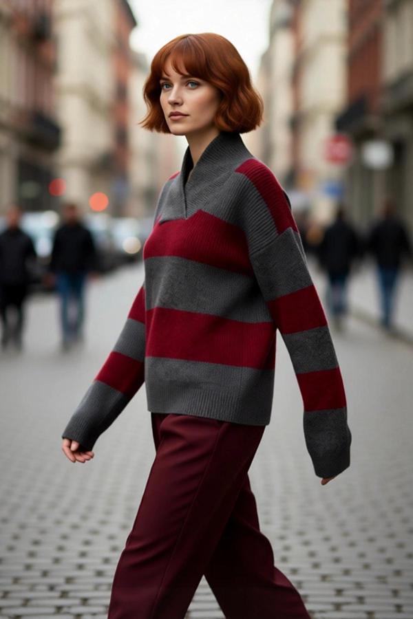 Kadın Oversize V Yaka Çizgili Düşük Kol Triko Kazak Kış Sezonu İçin Şık Ve Rahat Bir Seçim - Image 1