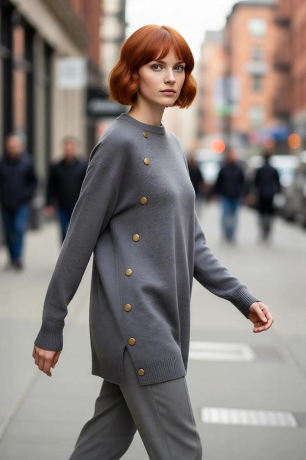 Kadın Regular Kalıp Düz Düşük Kol Bisiklet Yaka Akrilik Triko Kazak Şık Altın Düğmeli Kışlık Stil - Image 1