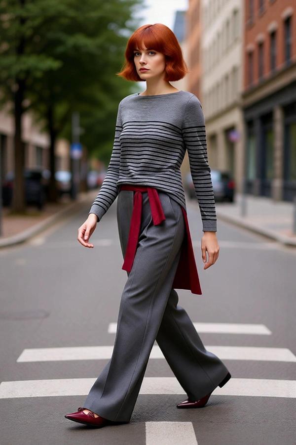 Kadınlar İçin Gri Çizgili Bisiklet Yaka Akrilik Triko Kazak Sonbahar Kış Stilinizi Yükseltin - Image 1