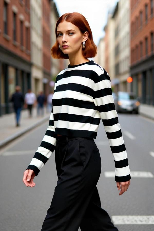 Kadın Çizgili Bisiklet Yaka Fitted Crop Triko Kazak İlkbahar Sonbahar Günlük Kombinler İçin Şık - Image 1