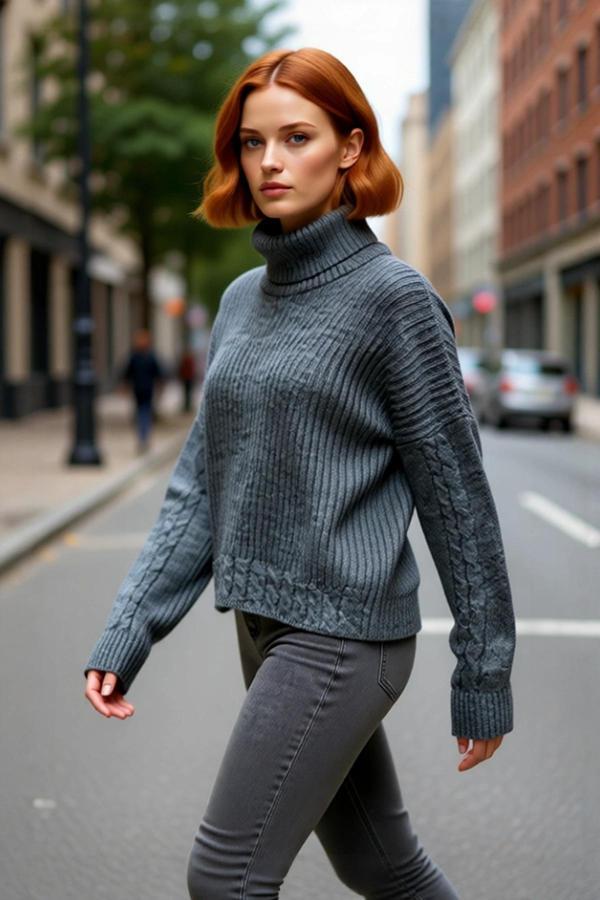 Kadın Oversize Balıkçı Yaka Triko Kazak Kış Günleri İçin Konforlu Düşük Kol Saç Örgülü Tasarım - Image 1