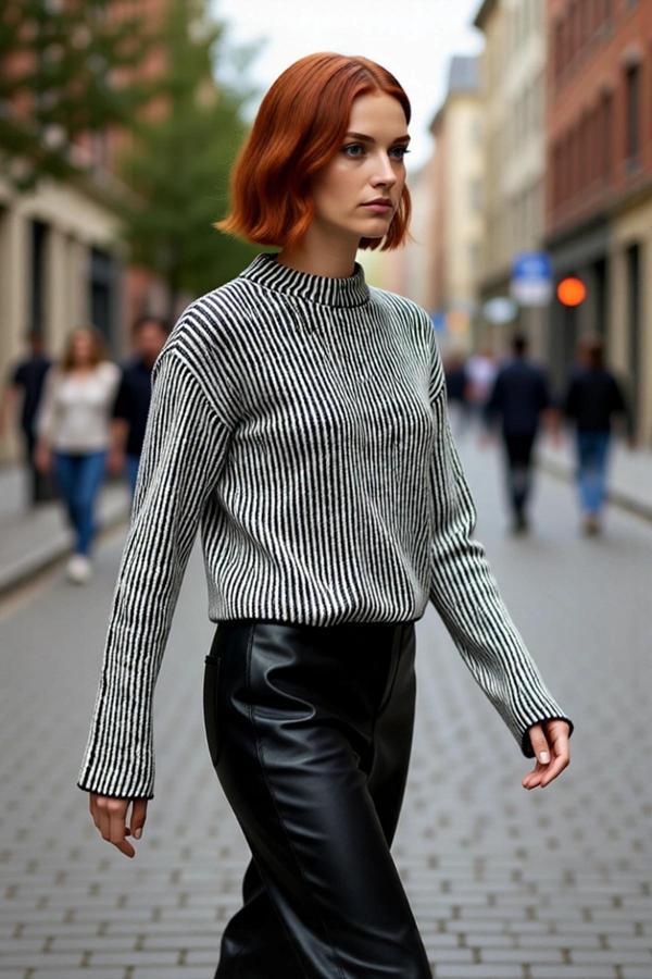 Kadın Dik Yaka Çizgili Crop Regular Kalıp Triko Kazak Soğuk Havalar İçin Şık Günlük Kombinler - Image 1