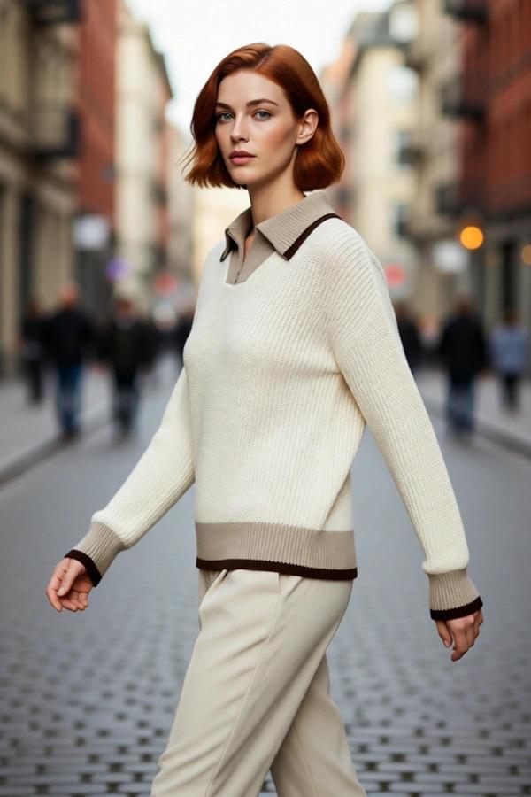 Kadın Regular Kalıp Renk Bloklu Dik Yaka Fermuarlı Triko Kazak Kış Sezonu İçin Şık Ve Rahat Bir - Image 1