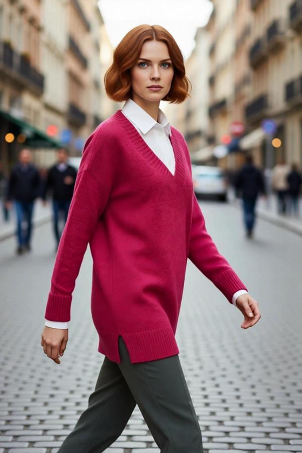 Kadın Relaxed Kalıp Düşük Kol V Yaka Triko Tunik Kazak Sonbahar Kış Günlük Kombinler İçin Şık Ve - Image 1