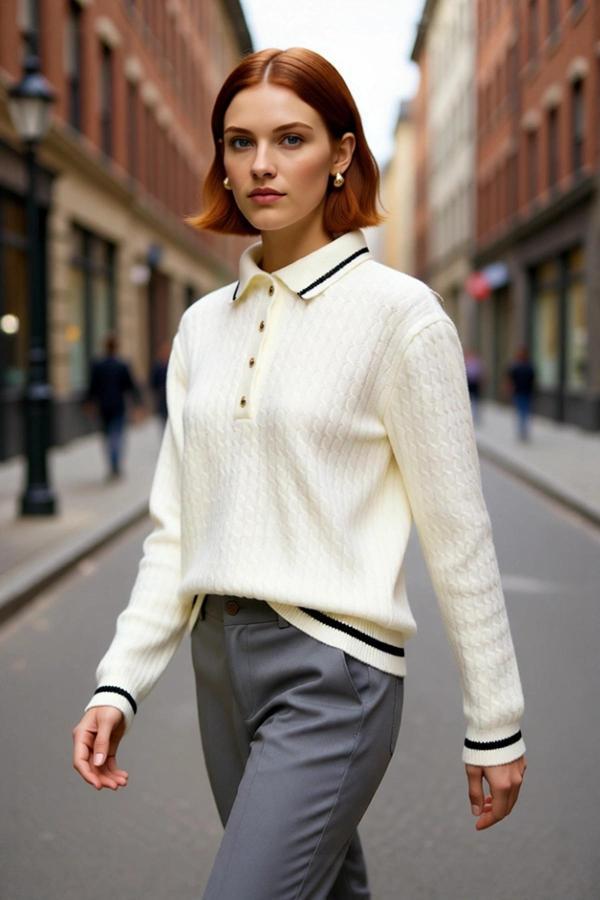 Kadın Ekru Regular Kalıp Polo Yaka Düşük Kol Renk Bloklu Orta Kalınlık Triko Kazak Günlük Şıklık - Image 1