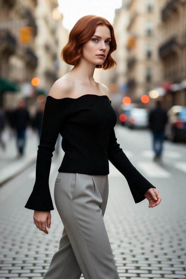 Kadın Carmen Yaka Fitted Akrilik Triko Bluz Uzun Reglan Kollu Fitilli Dokuma İlkbahar Sonbahar - Image 1