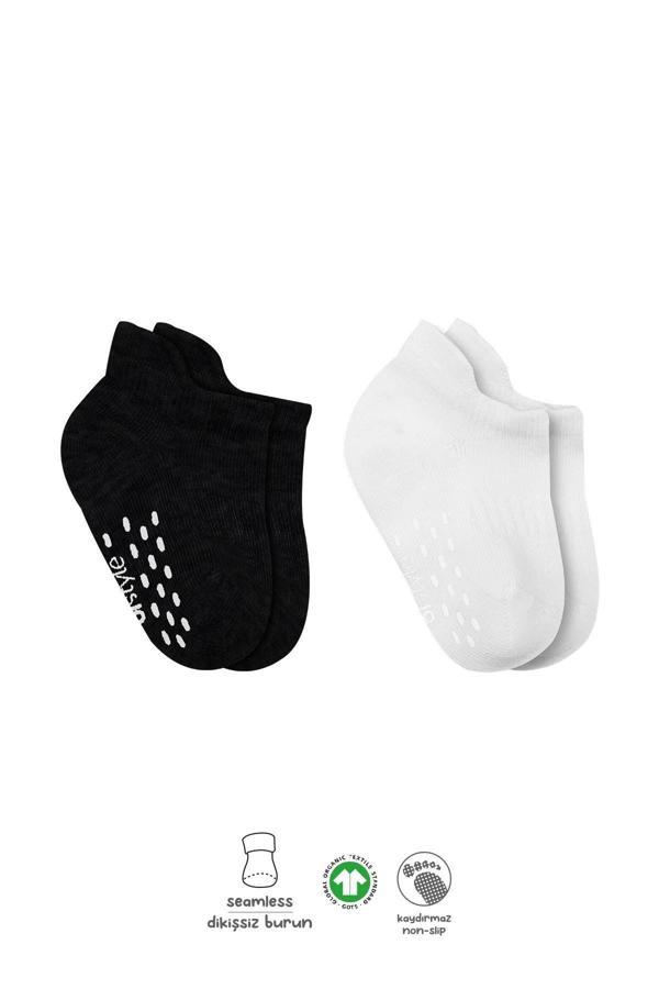 Bistyle 2'Li Sneakers Kaymaz Basic Penye Çorap BS20103 Siyah Ekru - Image 1