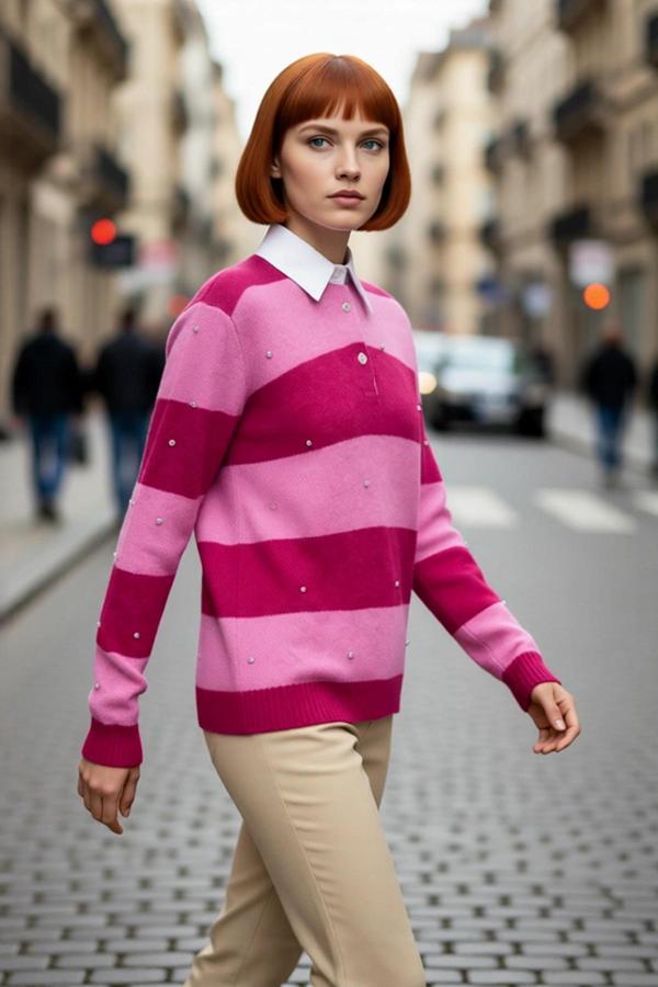 Kadın Oversize Çizgili Polo Yaka Düşük Kol Taş İşlemeli Triko Kazak Kış Sezonu Şıklığına Özel Geniş - Image 1