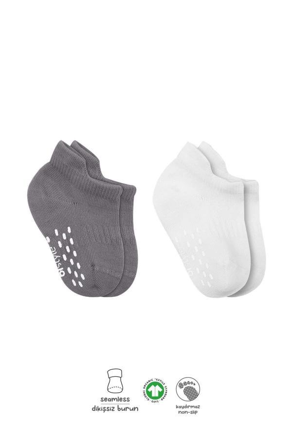 Bistyle 2'Li Sneakers Kaymaz Colours Penye Çorap BS20104 Gri Beyaz - Image 1