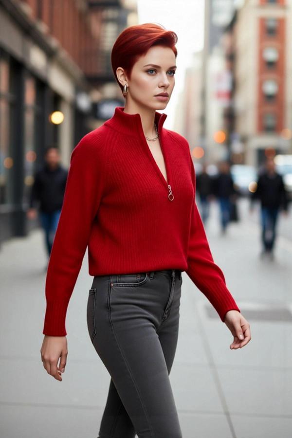 Kadın Regular Fit Crop Dik Yaka Fermuarlı Selanik Örgü Akrilik Triko Kazak Kışlık Kombinlerin - Image 1