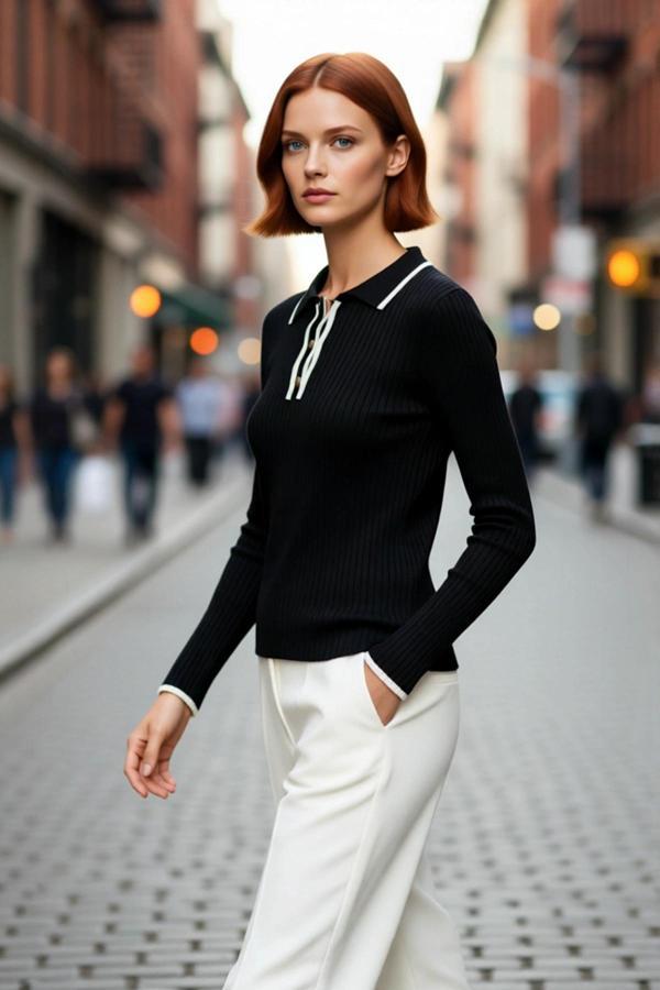 Kadın Polo Yaka Renk Bloklu Fitted Triko Kazak Şıklığı ve Konforu Birleştiren Standart Kol - Image 1