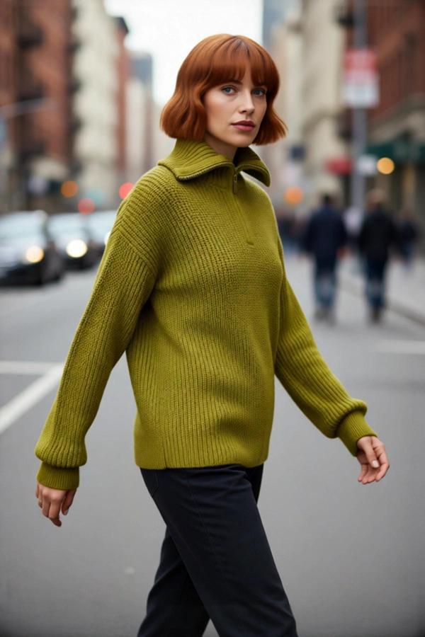 Kadınlara Özel Regular Kalıp Fermuarlı Dik Yaka Triko Kazak Düşük Kollu Kışlık Rahat Giyim - Image 1